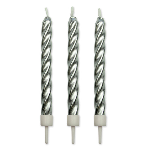 Kerzen – Silber Twist mit Haltern – 10 Stück (6,2 cm)