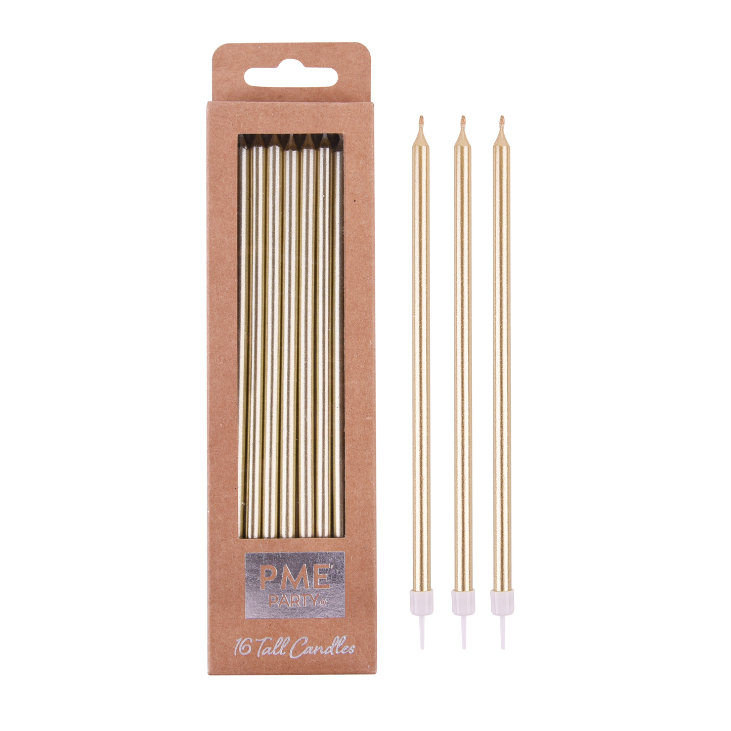 Kerzen – Gold Extra Hoch mit Haltern – 16 Stück (18 cm)