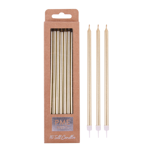 Kerzen – Gold Extra Hoch mit Haltern – 16 Stück (18 cm)