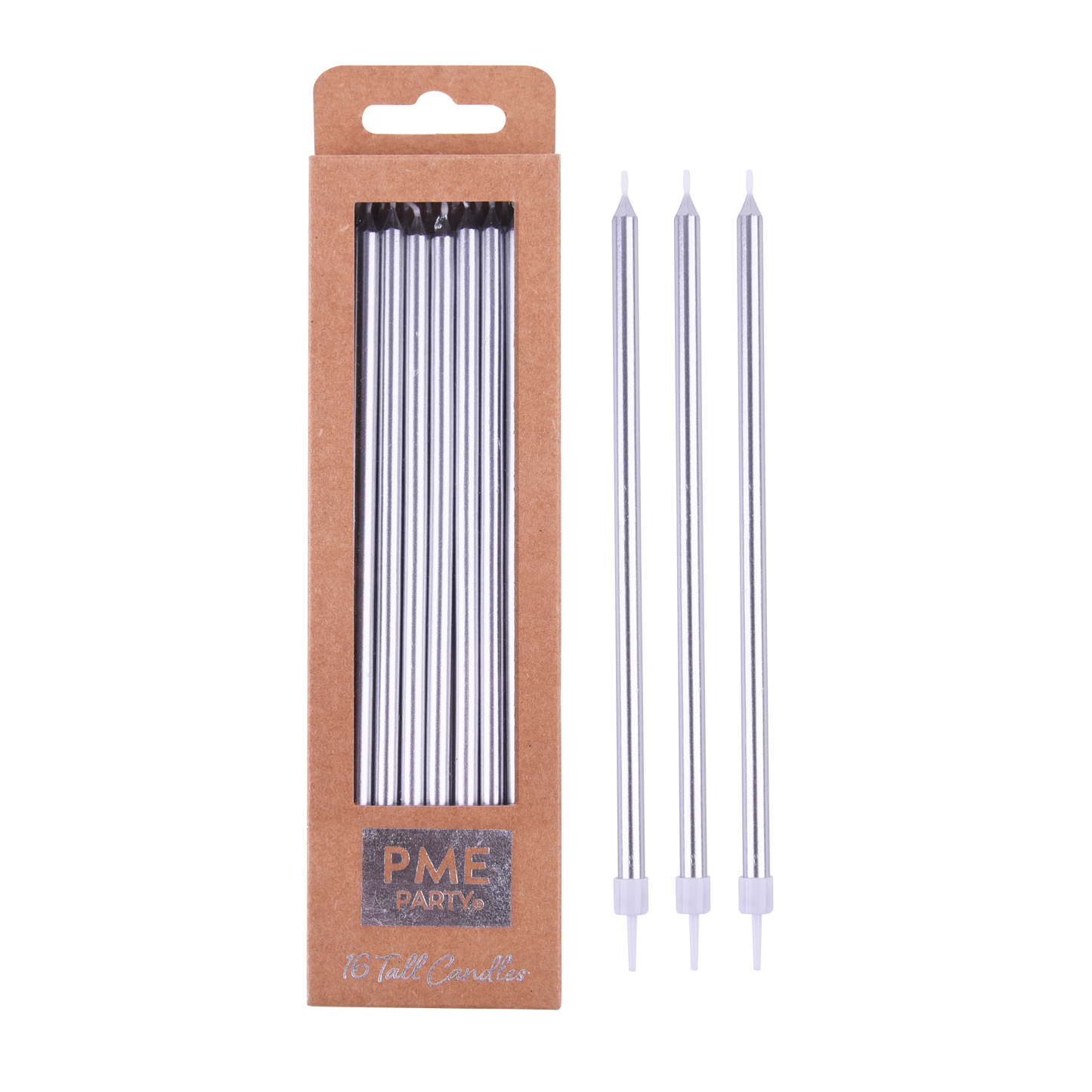Kerzen – Silber Extra Hoch mit Haltern – 16 Stück (18 cm)